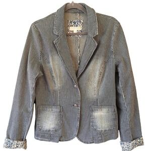 KENAR Womens Denim Stripe Blazer Jacket Blue Distressed Size L